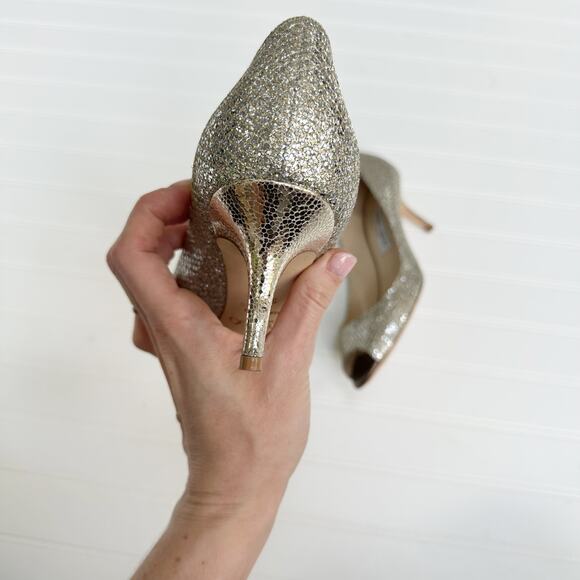 Jimmy Choo Isabel Champagne Glitter Peep Toe Pumps 38.5 Bridal Wedding Heel - Picture 9 of 12